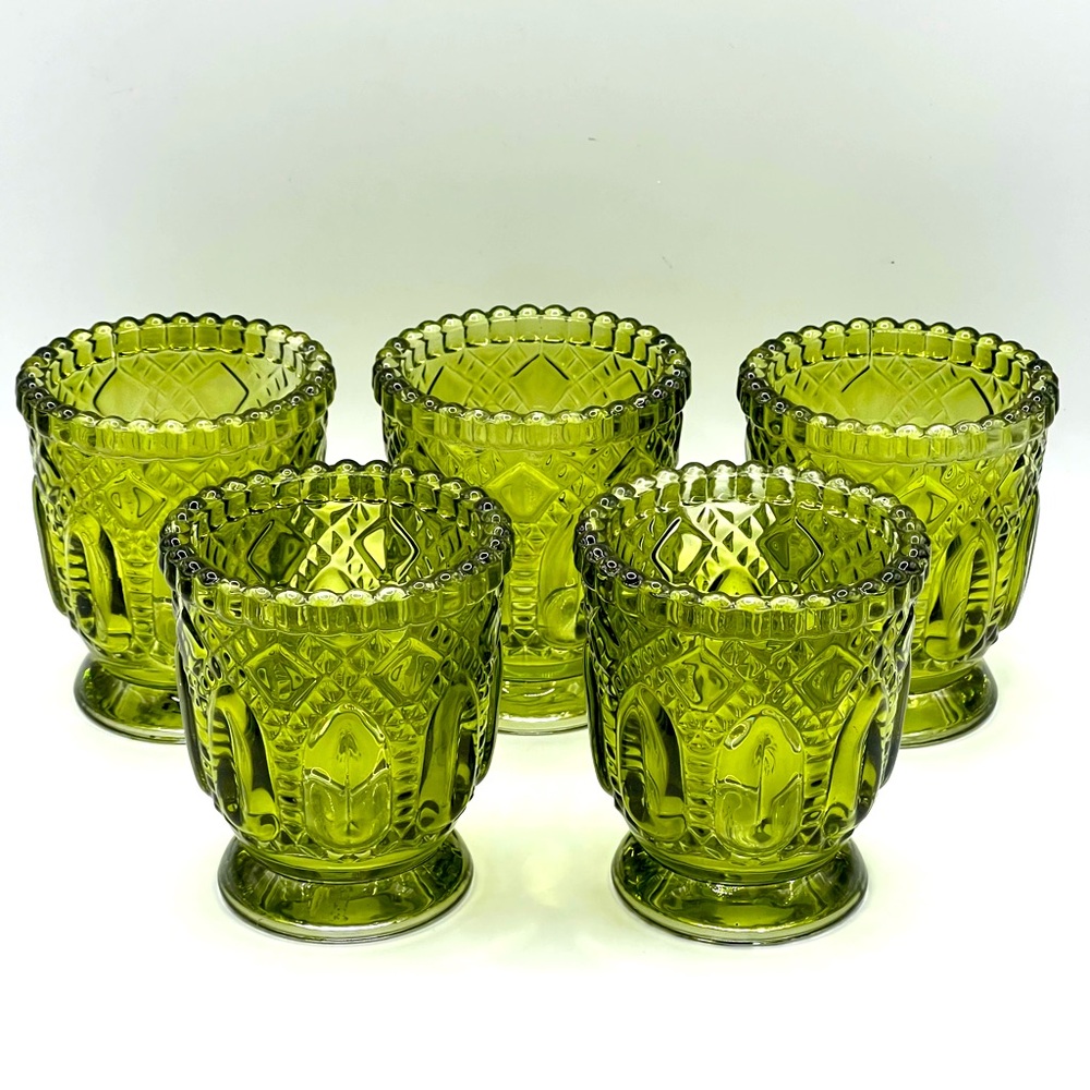 Set of 5 Vintage Style Olive Green Glass Votive Tealights Candle Holders 3 in